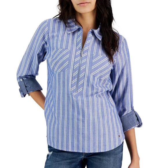 Tommy Hilfiger Tops - Tommy Hilfiger Blue & White Striped Half Zip Roll Tab Shirt Size XL